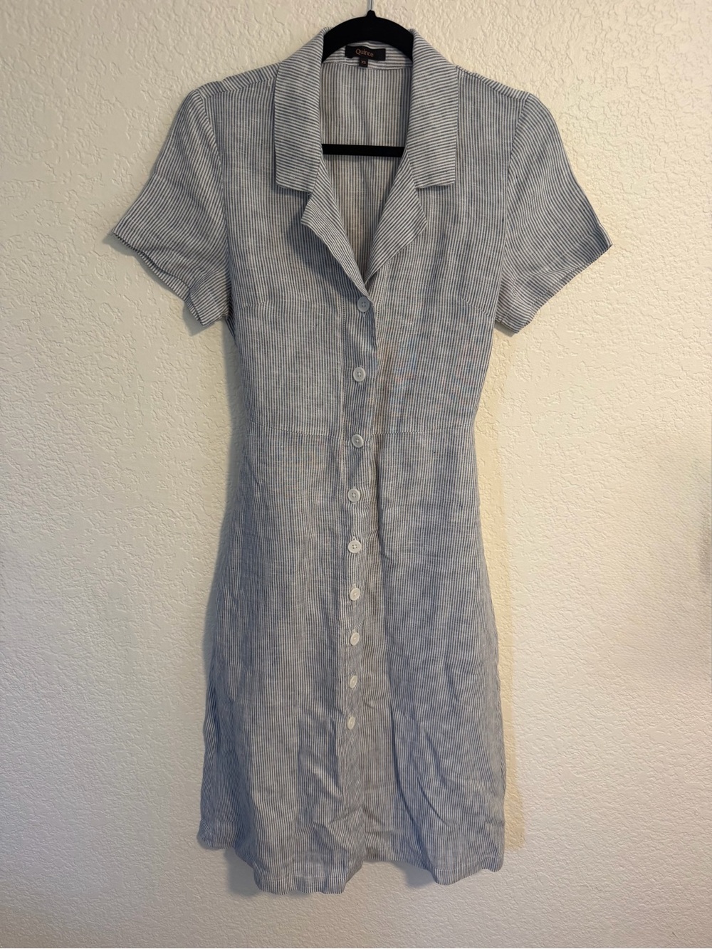 Quince 100% European Linen Button Front Midi Shirt Dress XS Chambray Stripe